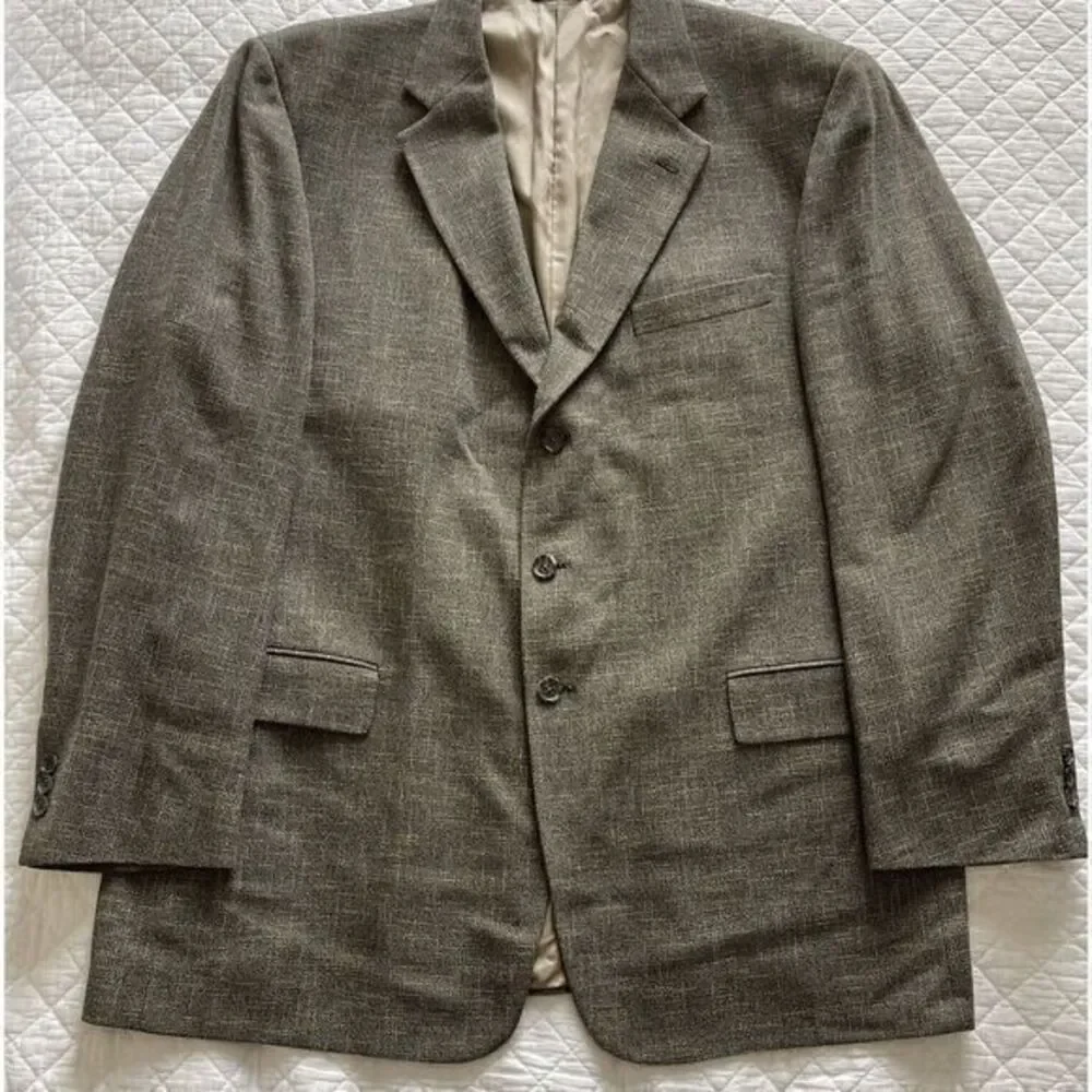 Tallia Uomo Mens 46L‎ Blazer Wool Jacket Sport Coat Ivory Gray Brown Plaid